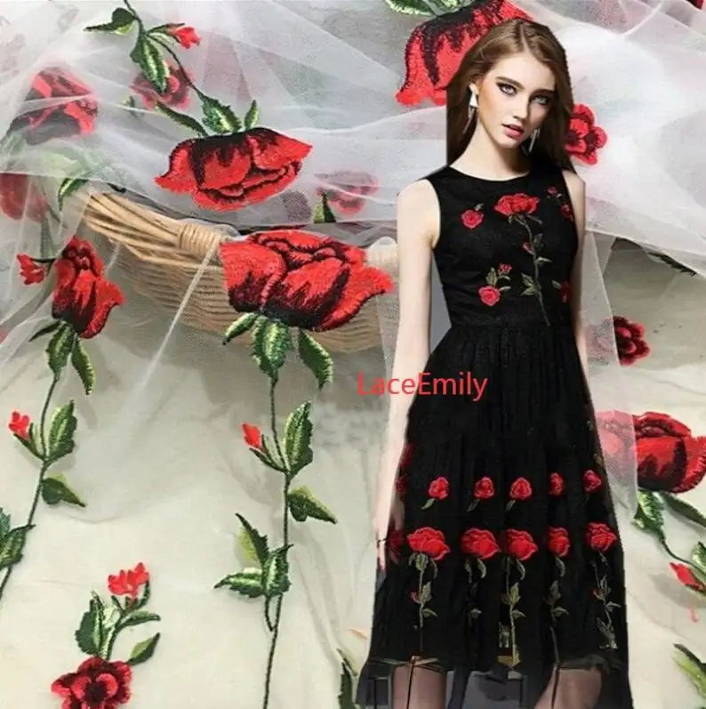 Embroidery Roses - Tissu en dentelle Rose rouge, broderie